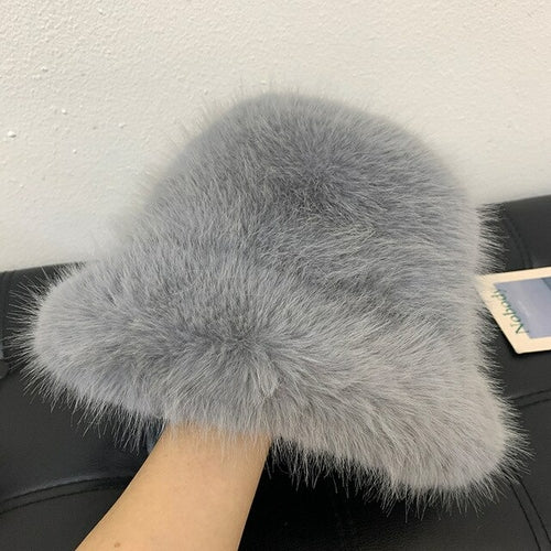 2022 New Fashion Faux Fur Bucket Hat Women Imitation Fur Warm Rabbit - Jeetskee