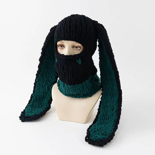 Y2K Long Rabbit Ear Funny Balaclava Hat Winter Thicken Warm Hand Made - Jeetskee