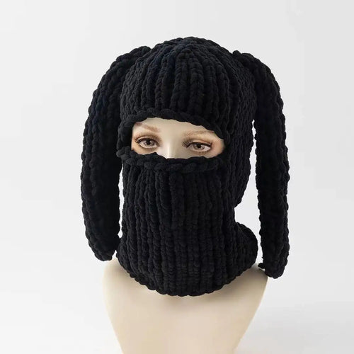 Y2K Long Rabbit Ear Funny Balaclava Hat Winter Thicken Warm Hand Made - Jeetskee