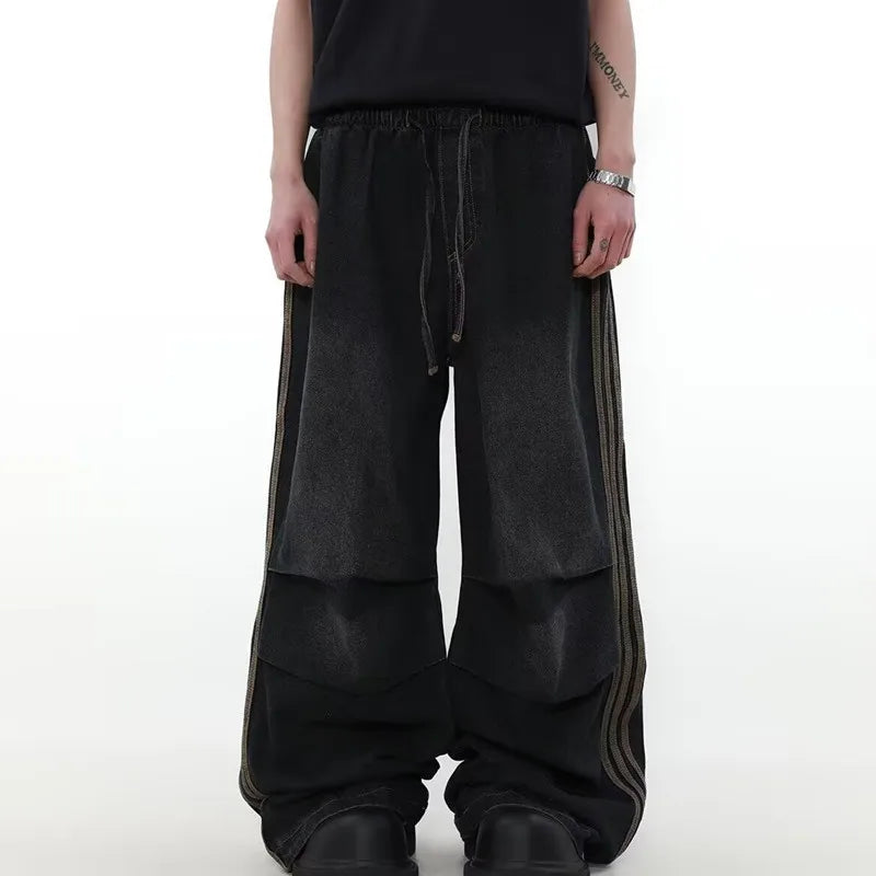 2024 Ropa Y2K Fashion Elastic Waist Striped Pleated Baggy Jeans Pants - Jeetskee