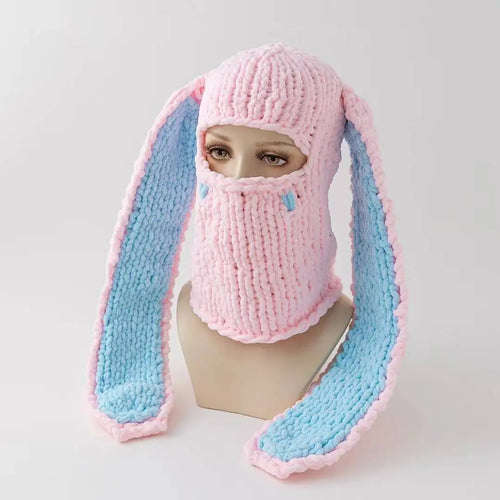Y2K Long Rabbit Ear Funny Balaclava Hat Winter Thicken Warm Hand Made - Jeetskee