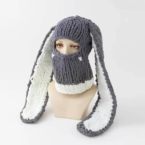 Y2K Long Rabbit Ear Funny Balaclava Hat Winter Thicken Warm Hand Made - Jeetskee
