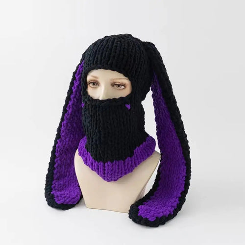 Y2K Long Rabbit Ear Funny Balaclava Hat Winter Thicken Warm Hand Made - Jeetskee