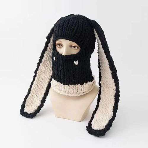 Y2K Long Rabbit Ear Funny Balaclava Hat Winter Thicken Warm Hand Made - Jeetskee