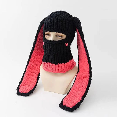 Y2K Long Rabbit Ear Funny Balaclava Hat Winter Thicken Warm Hand Made - Jeetskee