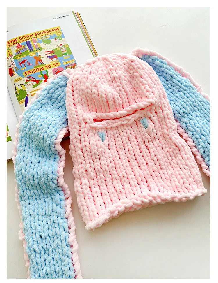 Y2K Long Rabbit Ear Funny Balaclava Hat Winter Thicken Warm Hand Made - Jeetskee
