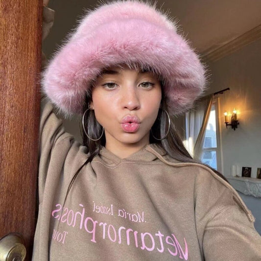 2022 New Fashion Faux Fur Bucket Hat Women Imitation Fur Warm Rabbit - Jeetskee