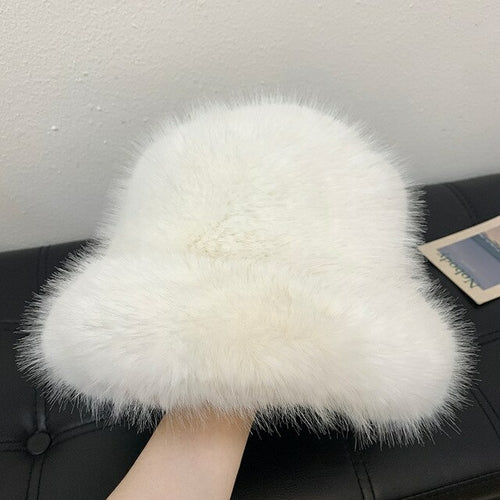 2022 New Fashion Faux Fur Bucket Hat Women Imitation Fur Warm Rabbit - Jeetskee