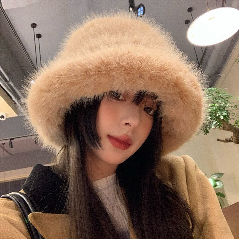 2022 New Fashion Faux Fur Bucket Hat Women Imitation Fur Warm Rabbit - Jeetskee