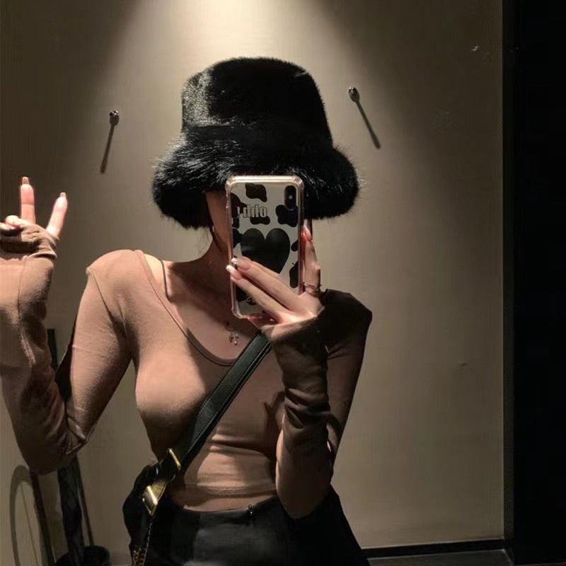 2022 New Fashion Faux Fur Bucket Hat Women Imitation Fur Warm Rabbit - Jeetskee