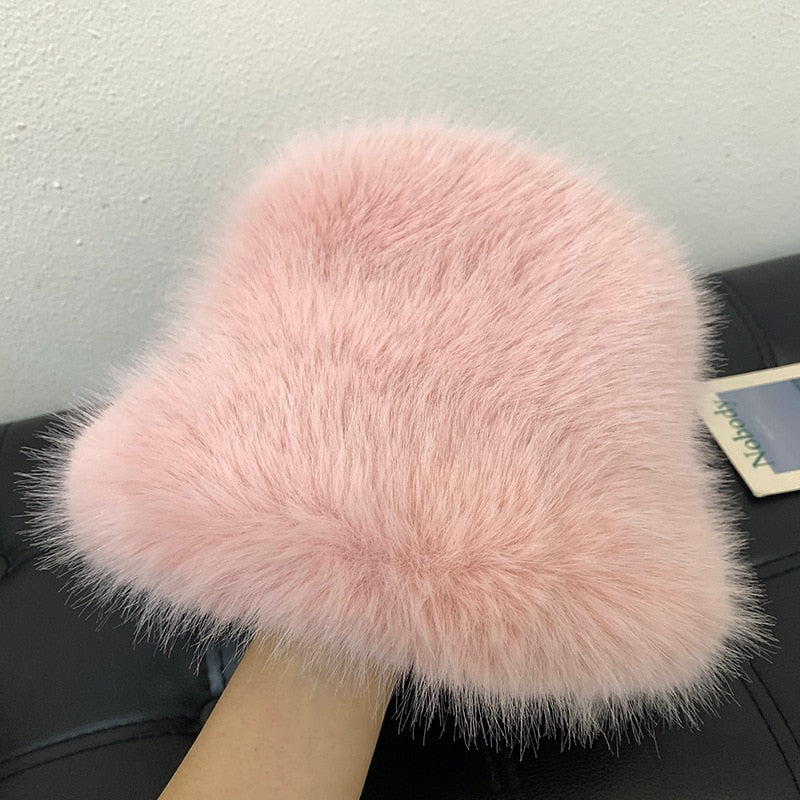 2022 New Fashion Faux Fur Bucket Hat Women Imitation Fur Warm Rabbit - Jeetskee