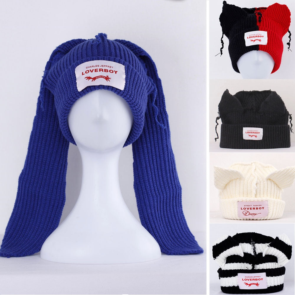 2022 Winter Skullies Cute Women Long ears  fox Hat Crochet Knitted Hat - Jeetskee