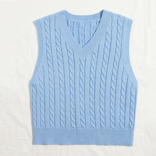 2021 New Sweater Vest Women Oversize Crop Blue V neck Sleeveless