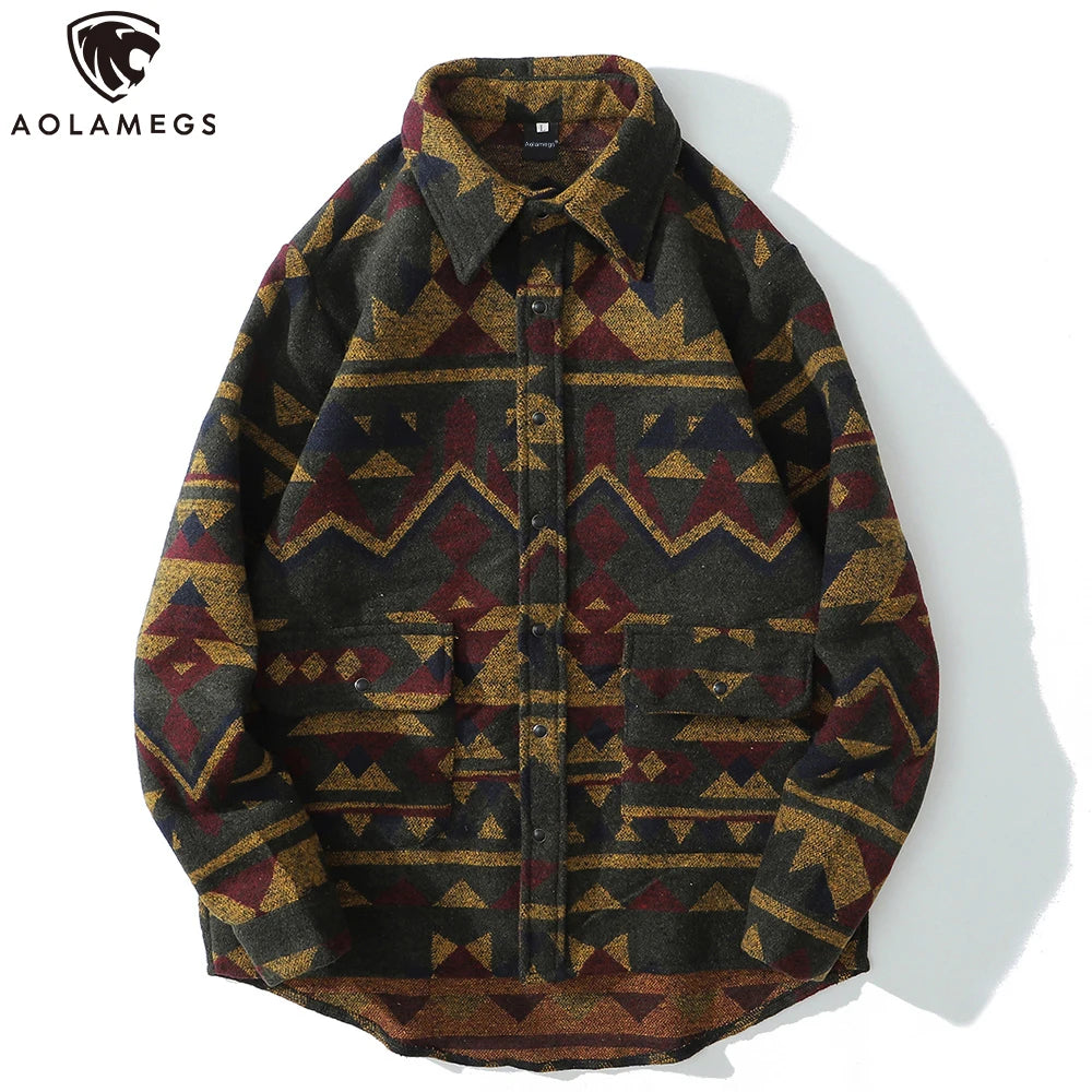 Aolamegs Patchwork Color Retro Geometric Pattern Men Shirt Thick - Jeetskee