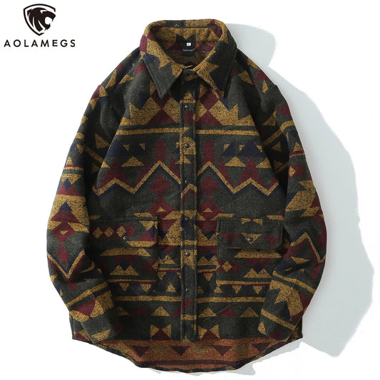 Aolamegs Patchwork Color Retro Geometric Pattern Men Shirt Thick - Jeetskee