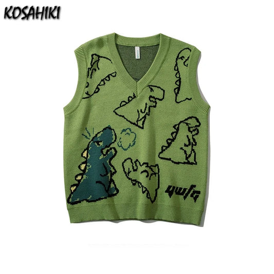 KOSAHIKI Knitted Sweater Vest Women Men Vintage Dinosaur Jacquard - Jeetskee