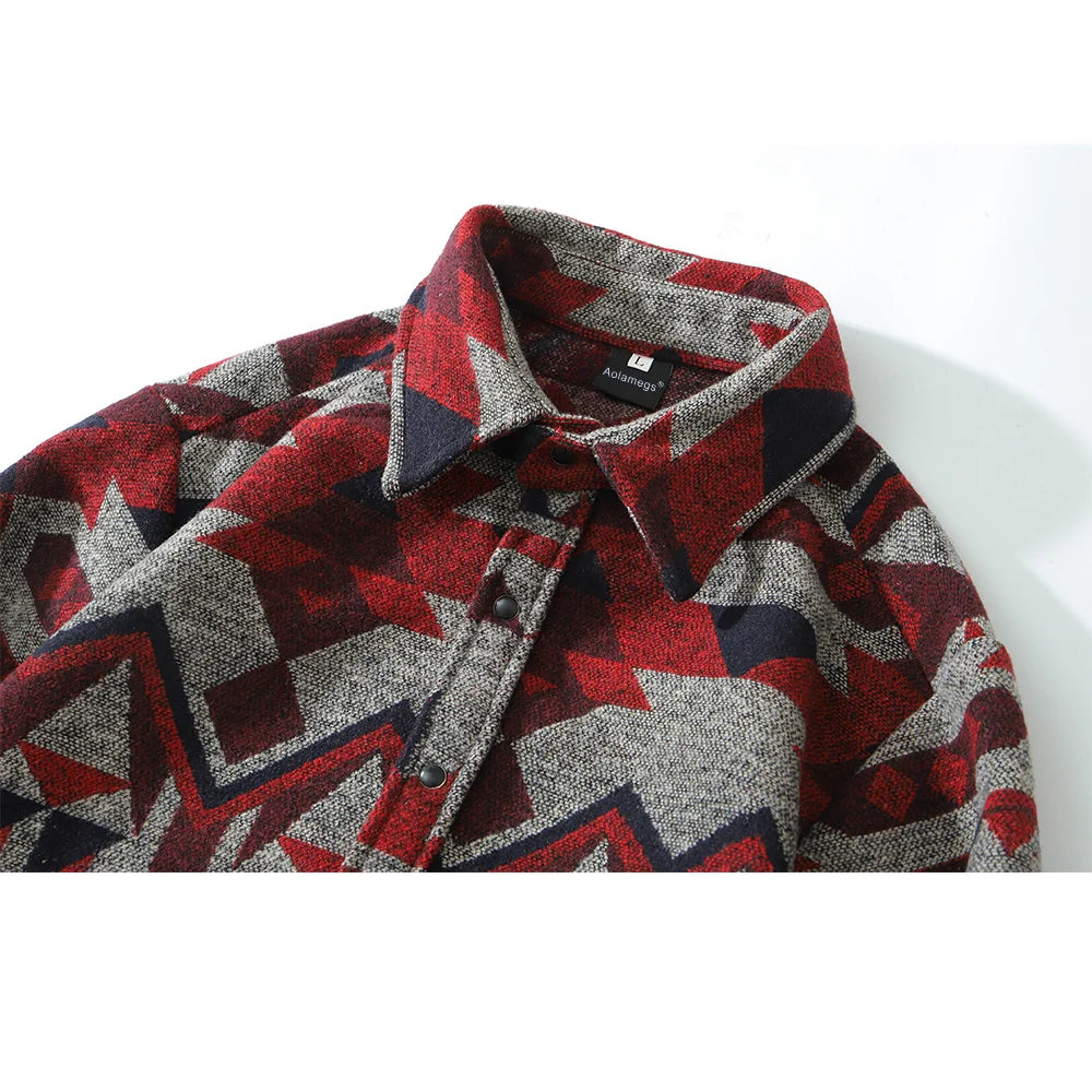 Aolamegs Patchwork Color Retro Geometric Pattern Men Shirt Thick - Jeetskee