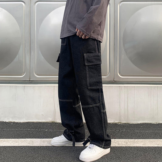 Men Wide Leg Jeans Hip Hop Casual Men's Straight Baggy Denim Pants - Jeetskee