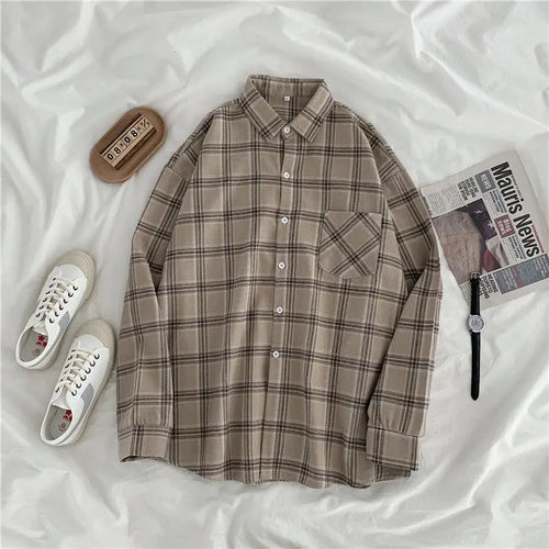 3XL Women Shirts Baggy Plaid Long Sleeve Chic Fashion Simple Casual - Jeetskee