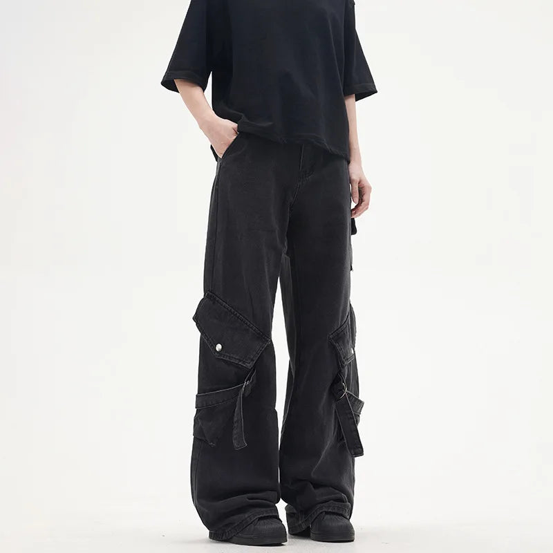 OIMG Y2K Streetwear Black Multi Pockets Baggy Jeans Cargo Pants For - Jeetskee