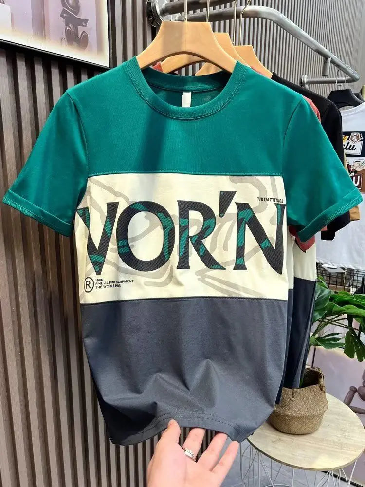 Tops Alphabet Men's T-shirt Green Male Tees Shirts Loose Baggy Print - Jeetskee