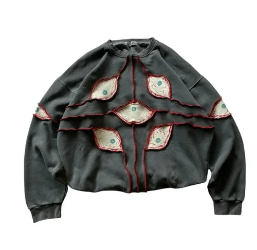 Gothic Punk Eye Pattern Patchwork Hoodies Women Y2k Top New Retro - Jeetskee
