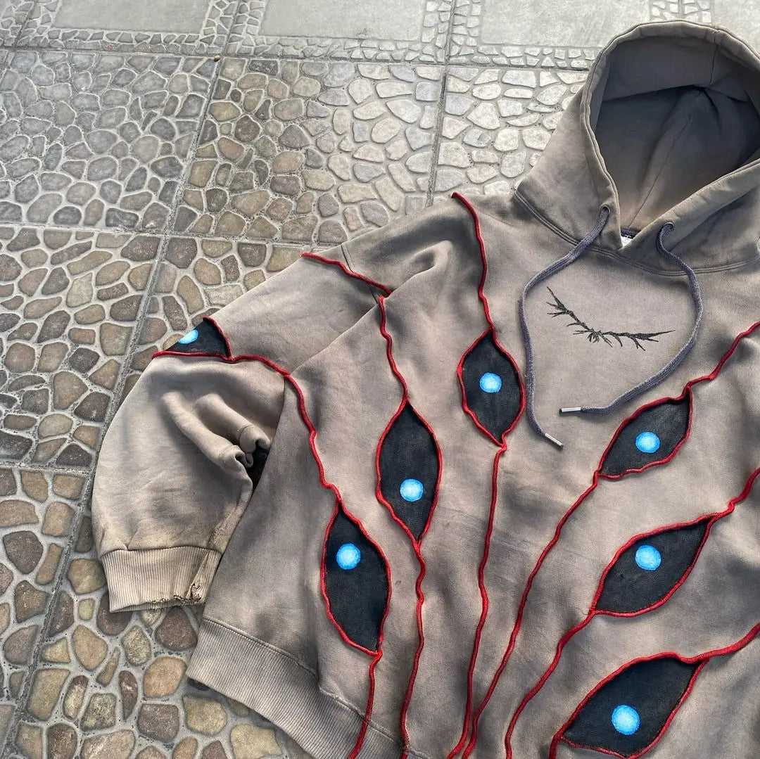 Gothic Punk Eye Pattern Patchwork Hoodies Women Y2k Top New Retro - Jeetskee