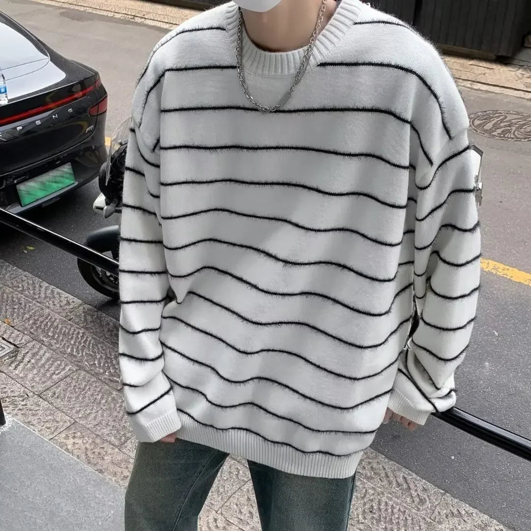 Japanese Fashion Retro Knitted Striped Sweater T-shirt for Men Autumn - Jeetskee