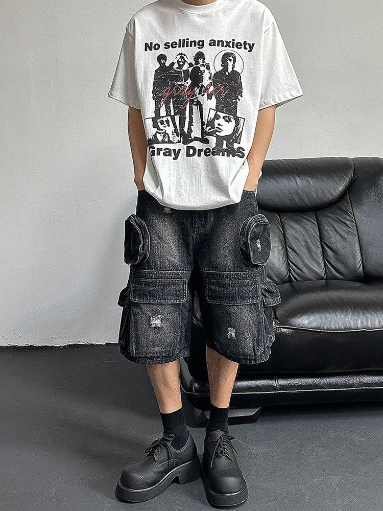 REDDACHiC Hiphop Men Cargo Pockets Denim Shorts Black Washed Destroyed - Jeetskee