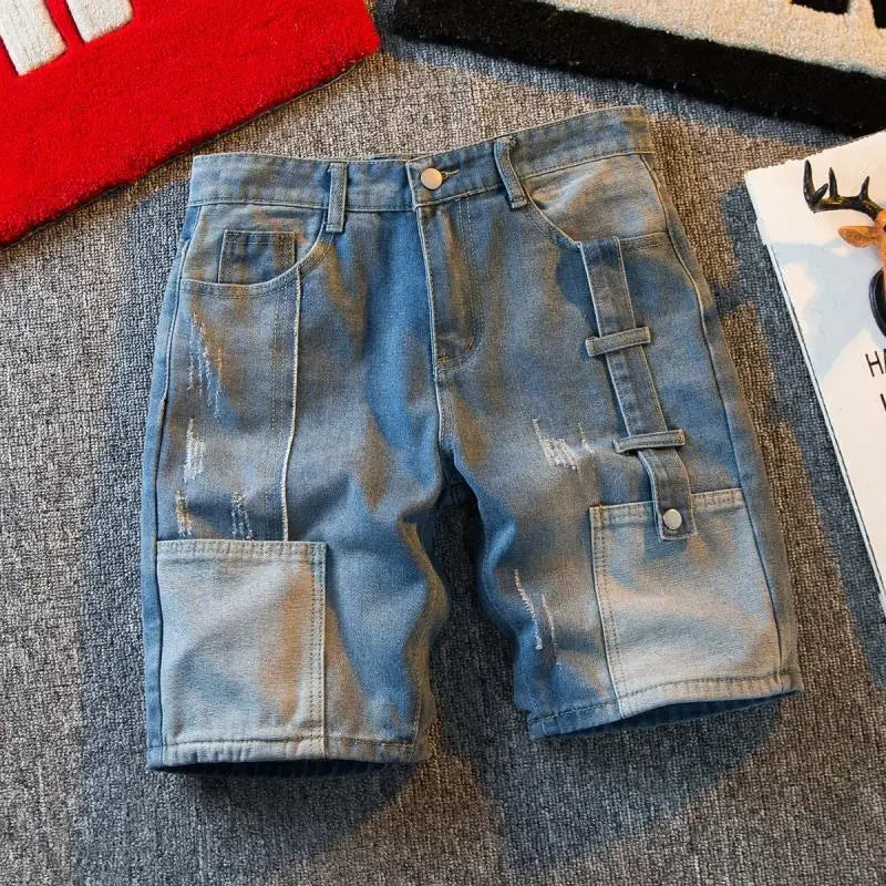 Men's Short Jeans Pants Cargo Baggy Patchwork Wide Male Denim Shorts - Jeetskee