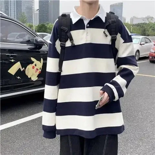 Tops Stripe Male Clothes Baggy T Polo Shirts for Men Sweatshirts - Jeetskee