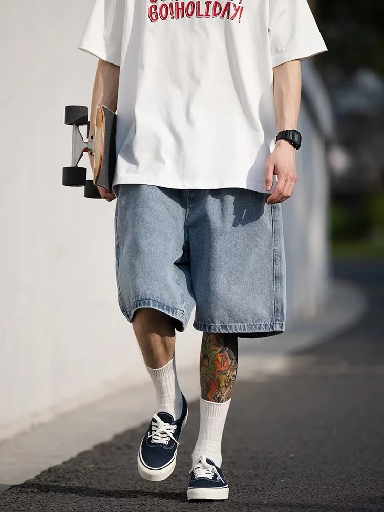 Men's Shorts Jeans Blue Denim Jorts Baggy Harajuku Pants Streetwear - Jeetskee