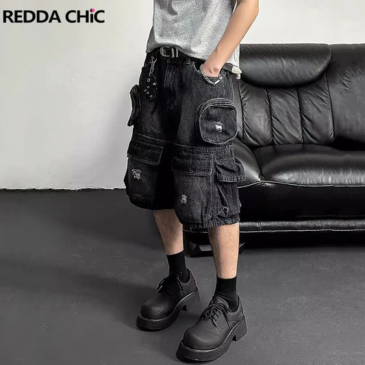 REDDACHiC Hiphop Men Cargo Pockets Denim Shorts Black Washed Destroyed - Jeetskee