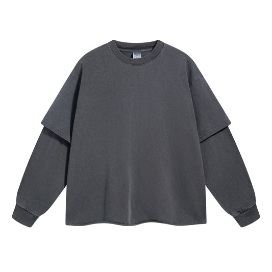 2024 Hip Hop Retro Fake Two Piece Rough Edge Round Neck Long Sleeve - Jeetskee