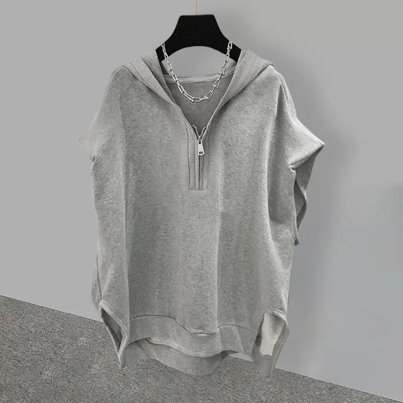 Simple Street Extra Large Solid Color Zipper Hooded Sleeveless Sweater - Jeetskee