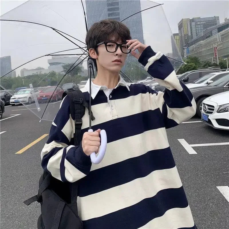 Tops Stripe Male Clothes Baggy T Polo Shirts for Men Sweatshirts - Jeetskee