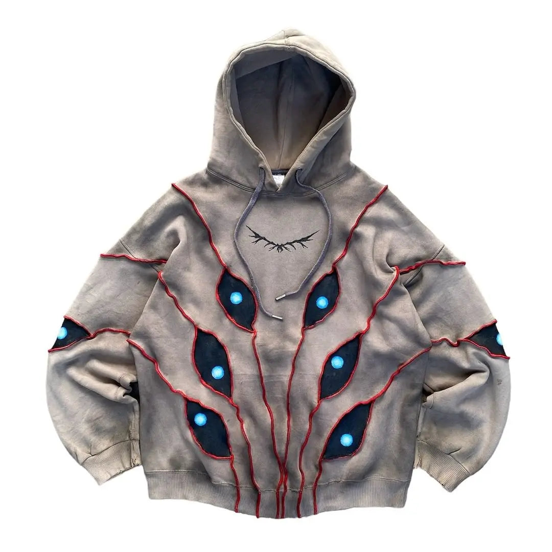 Gothic Punk Eye Pattern Patchwork Hoodies Women Y2k Top New Retro - Jeetskee