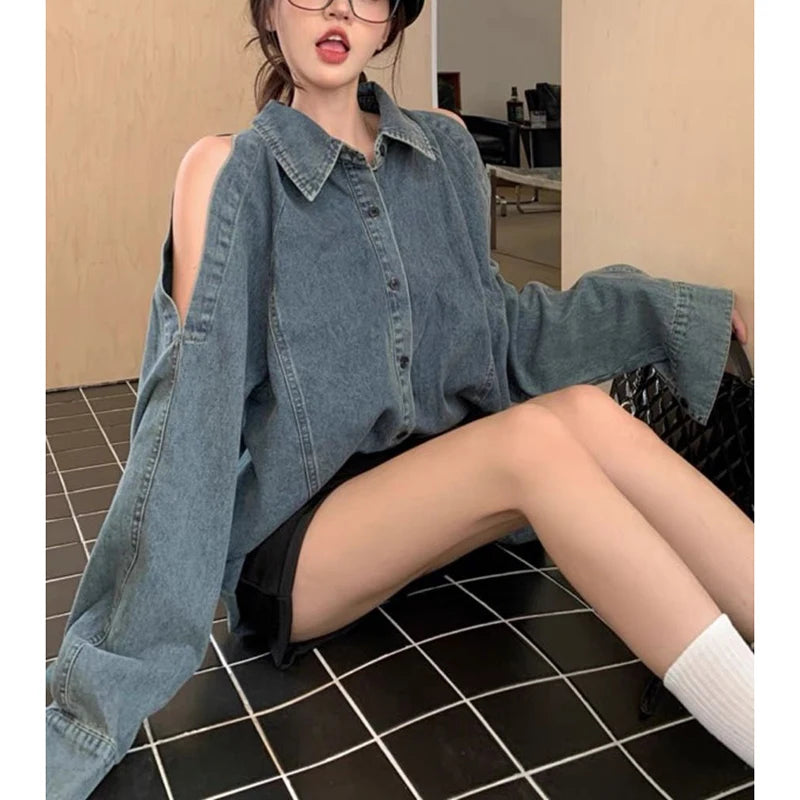 Retro Off Shoulder Denim Shirts Woman 2024 Fashion Single Breasted - Jeetskee