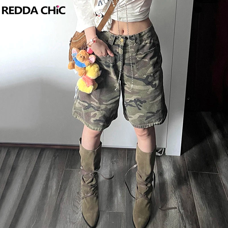 REDDACHiC Camouflage Wide Leg Cargo Pants Women Washed Knee Long Denim - Jeetskee