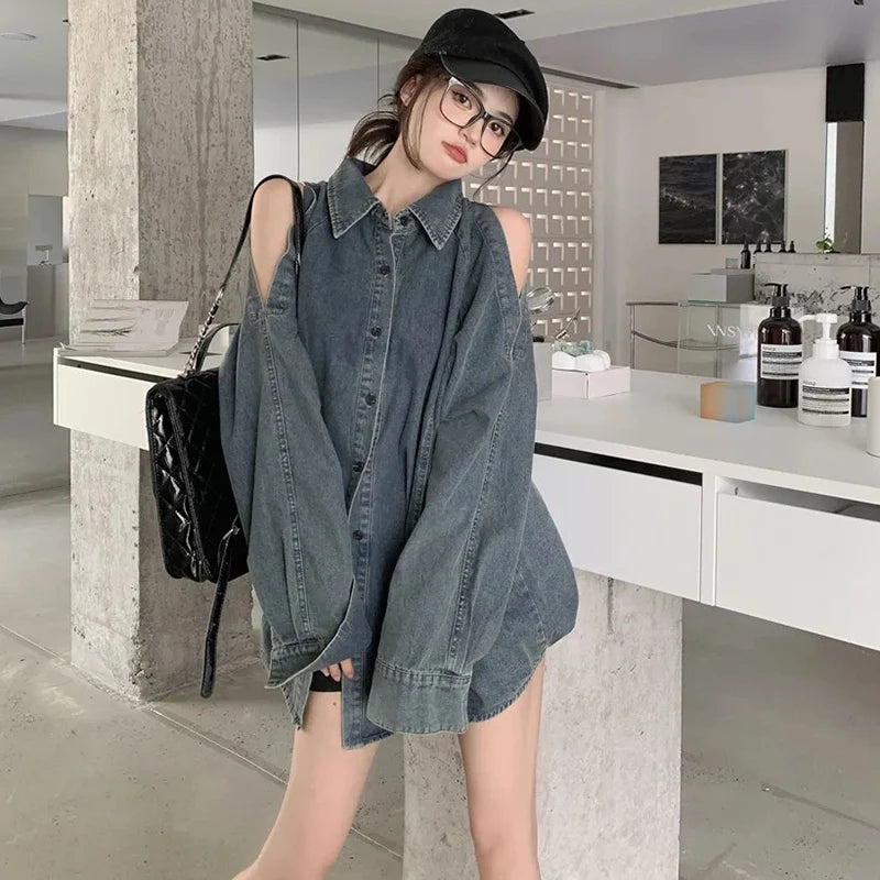 Retro Off Shoulder Denim Shirts Woman 2024 Fashion Single Breasted - Jeetskee