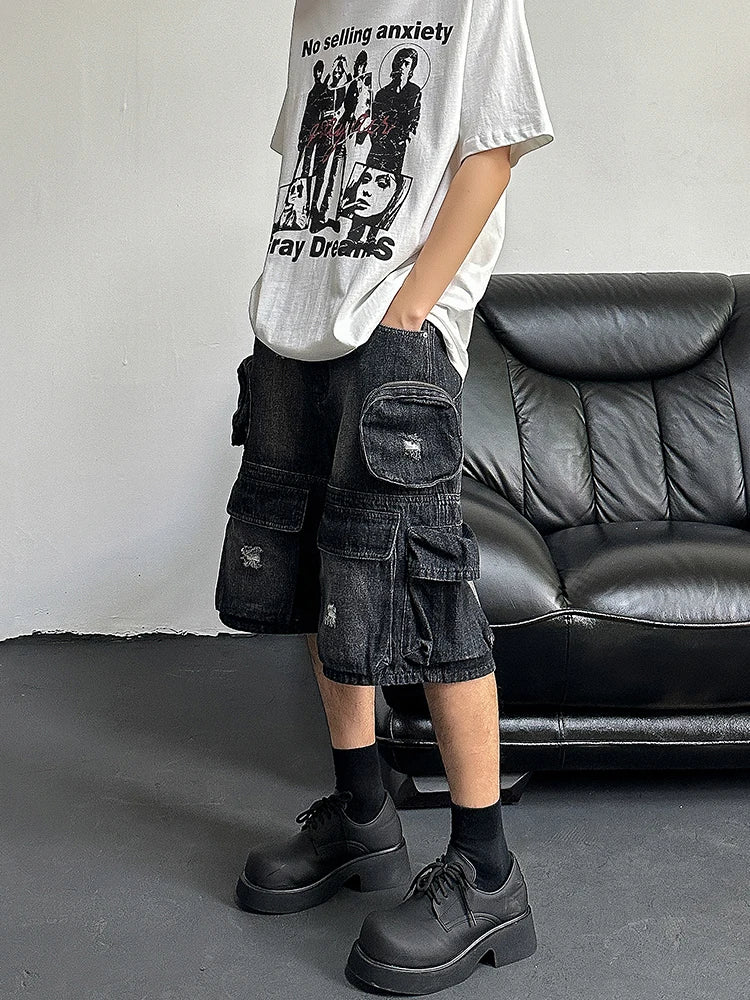 REDDACHiC Hiphop Men Cargo Pockets Denim Shorts Black Washed Destroyed - Jeetskee