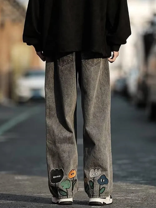 New Men's Y2K Flower Embroidered Baggy Jeans 2023 Streetwear American - Jeetskee