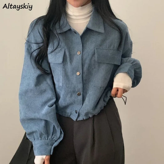 Long Sleeve Shirts Women Corduroy Korean Baggy All-match Tops Outwear - Jeetskee