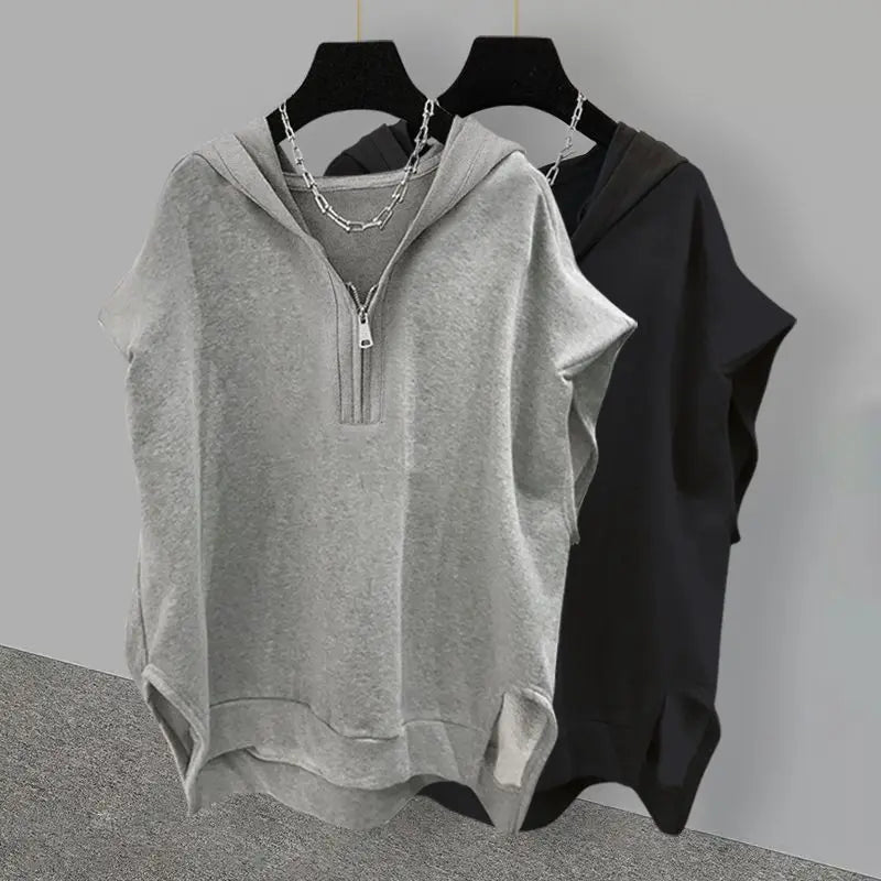 Simple Street Extra Large Solid Color Zipper Hooded Sleeveless Sweater - Jeetskee