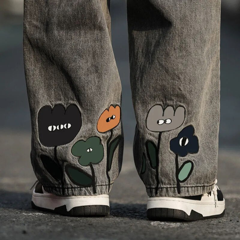New Men's Y2K Flower Embroidered Baggy Jeans 2023 Streetwear American - Jeetskee