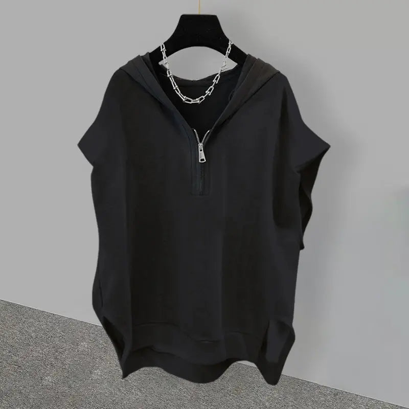 Simple Street Extra Large Solid Color Zipper Hooded Sleeveless Sweater - Jeetskee