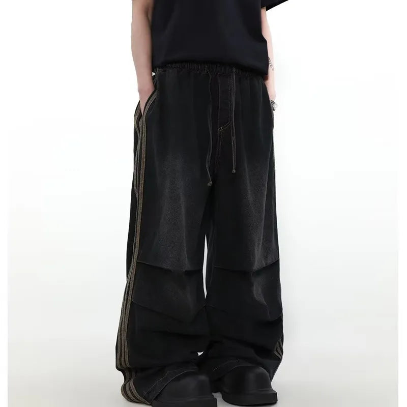 2024 Ropa Y2K Fashion Elastic Waist Striped Pleated Baggy Jeans Pants - Jeetskee