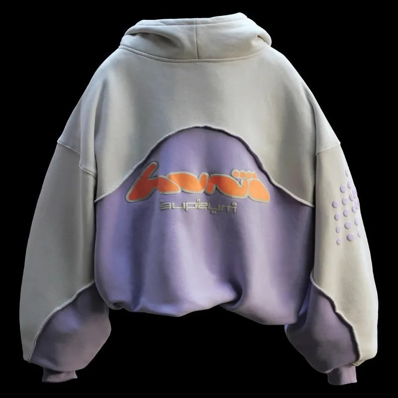 Y2K Harajuku zip Hoodie Fashion Letter Pattern Printed Splicing Design - Jeetskee