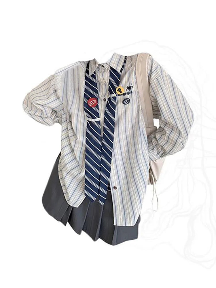 2023 Autumn Women New Vintage Striped Patchwork Over-shirt Baggy Long - Jeetskee