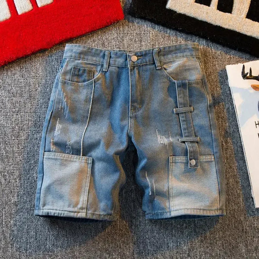 Men's Short Jeans Pants Cargo Baggy Patchwork Wide Male Denim Shorts - Jeetskee